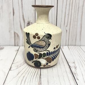 Vintage Tonala Pottery Mexican Folk Art Floral Vase w/ Bird & Flowers Sand Stone